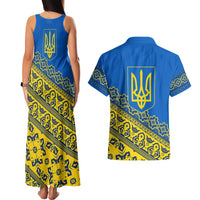 Ukraine Heritage Pride – Vyshyvanka Pattern Couples Matching Tank Maxi Dress and Hawaiian Shirt with National Symbol in Blue & Yellow