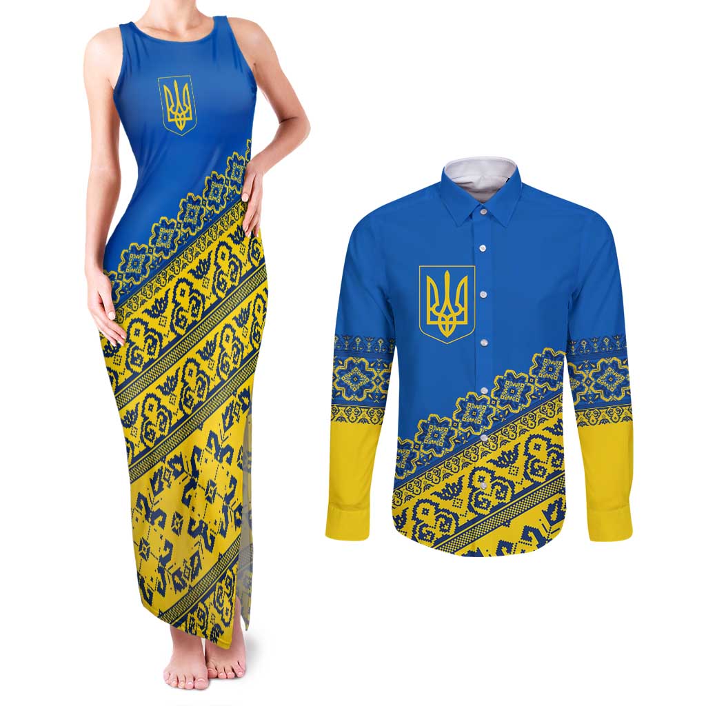 Ukraine Heritage Pride – Vyshyvanka Pattern Couples Matching Tank Maxi Dress and Long Sleeve Button Shirt with National Symbol in Blue & Yellow