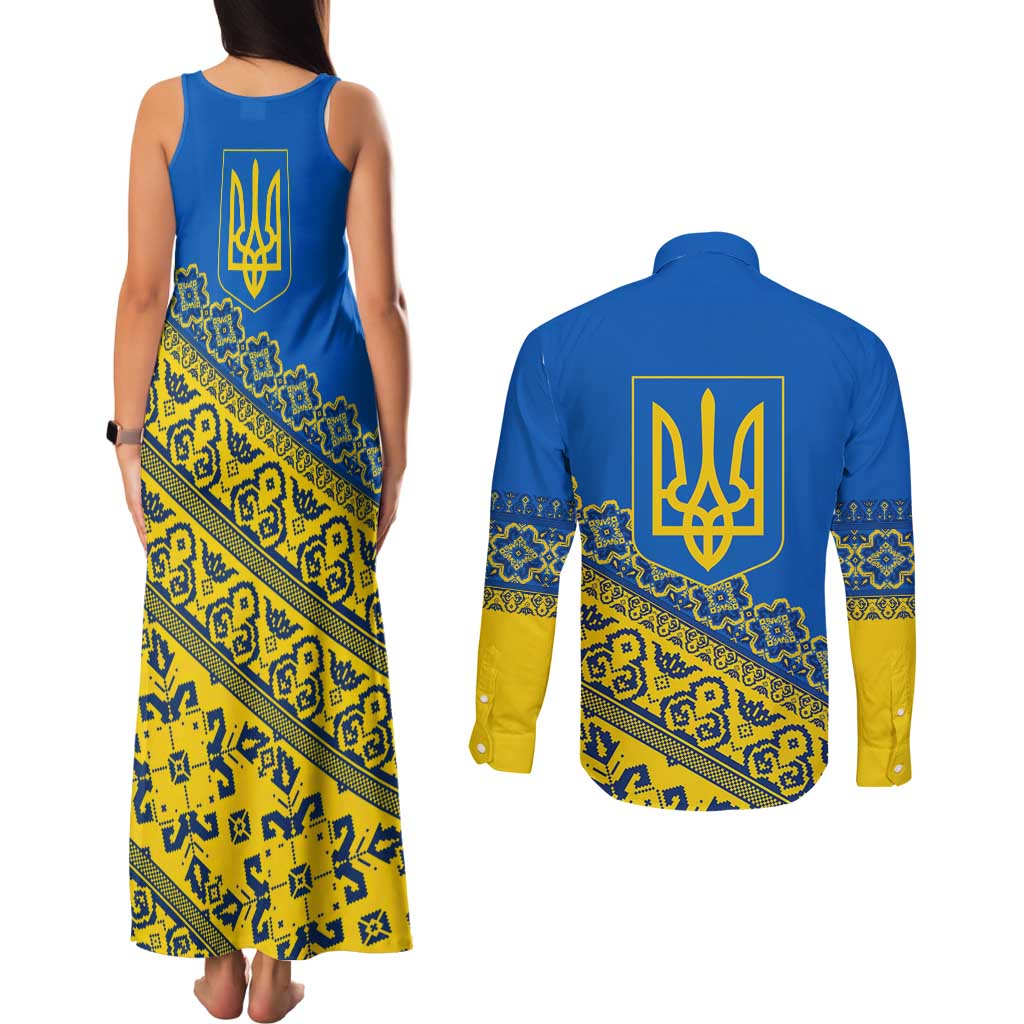 Ukraine Heritage Pride – Vyshyvanka Pattern Couples Matching Tank Maxi Dress and Long Sleeve Button Shirt with National Symbol in Blue & Yellow
