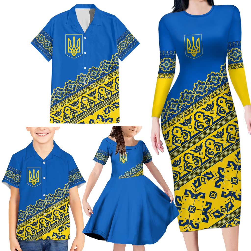 Ukraine Heritage Pride – Vyshyvanka Pattern Family Matching Long Sleeve Bodycon Dress and Hawaiian Shirt with National Symbol in Blue & Yellow