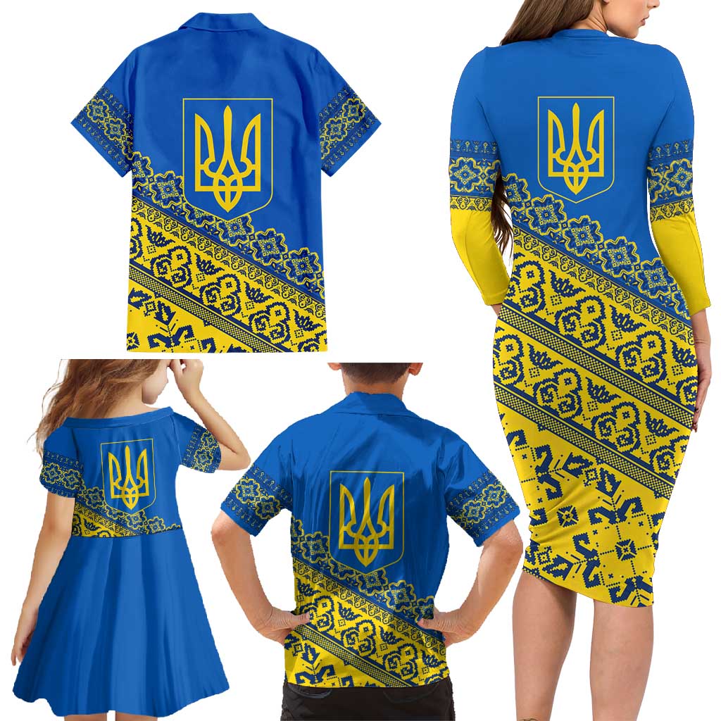 Ukraine Heritage Pride – Vyshyvanka Pattern Family Matching Long Sleeve Bodycon Dress and Hawaiian Shirt with National Symbol in Blue & Yellow