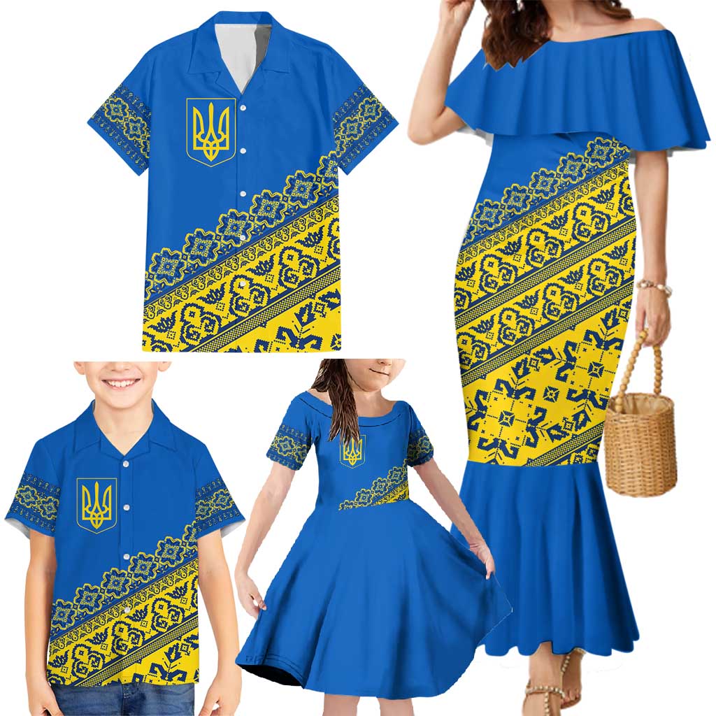 Ukraine Heritage Pride – Vyshyvanka Pattern Family Matching Mermaid Dress and Hawaiian Shirt with National Symbol in Blue & Yellow