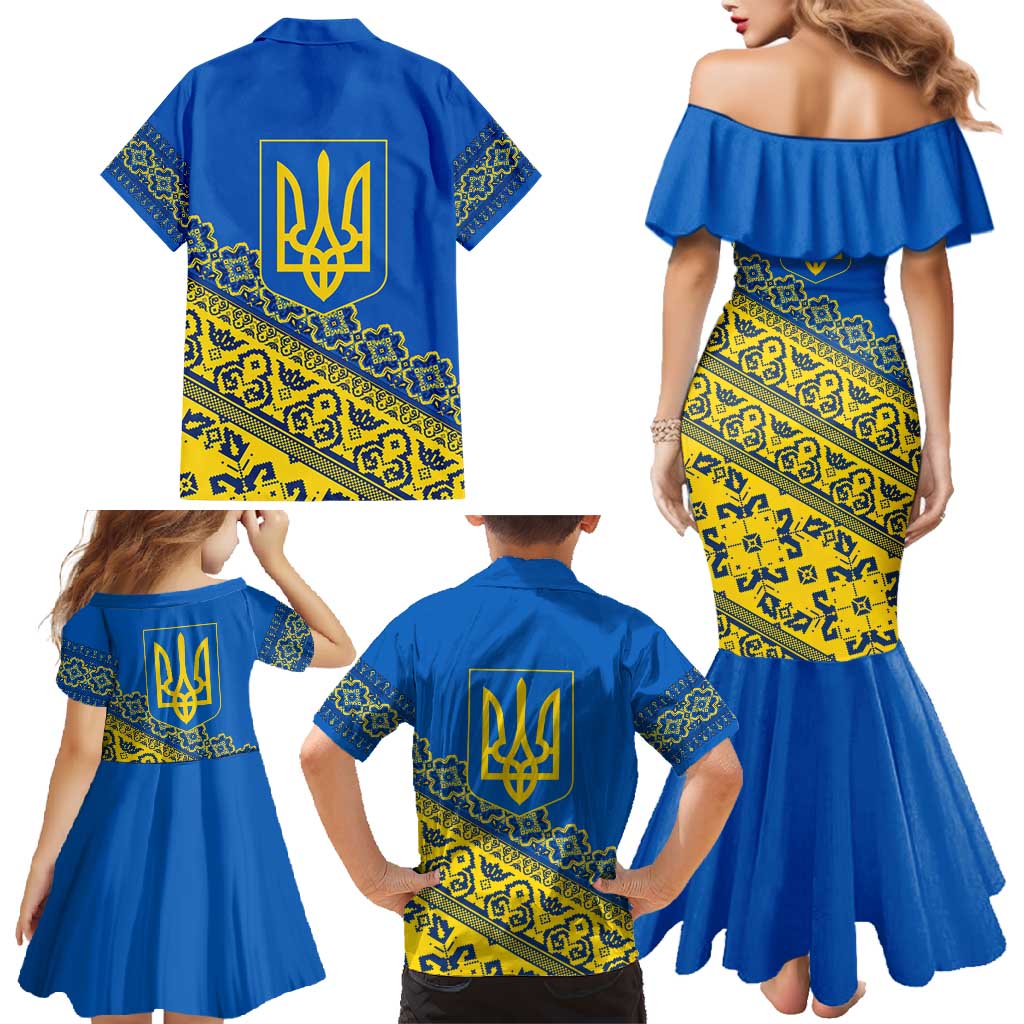 Ukraine Heritage Pride – Vyshyvanka Pattern Family Matching Mermaid Dress and Hawaiian Shirt with National Symbol in Blue & Yellow