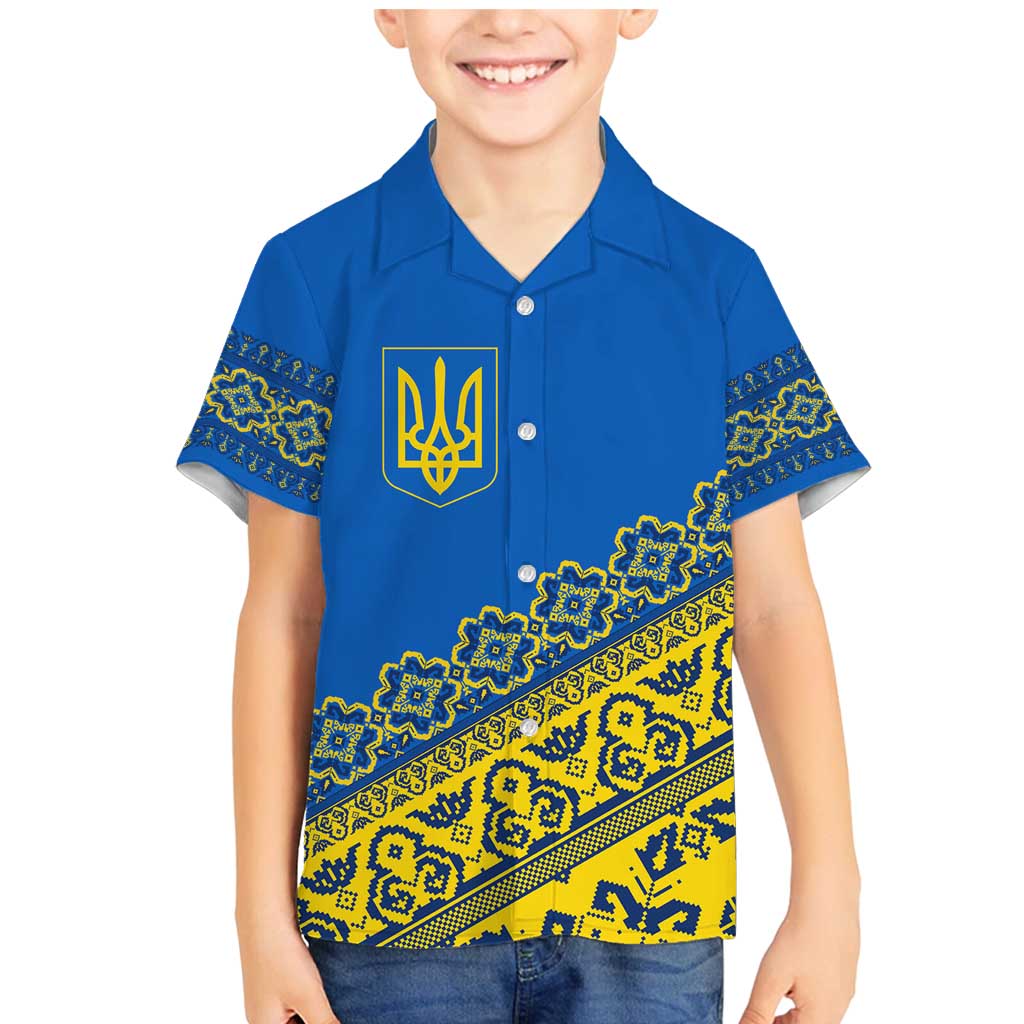 Ukraine Heritage Pride – Vyshyvanka Pattern Family Matching Mermaid Dress and Hawaiian Shirt with National Symbol in Blue & Yellow