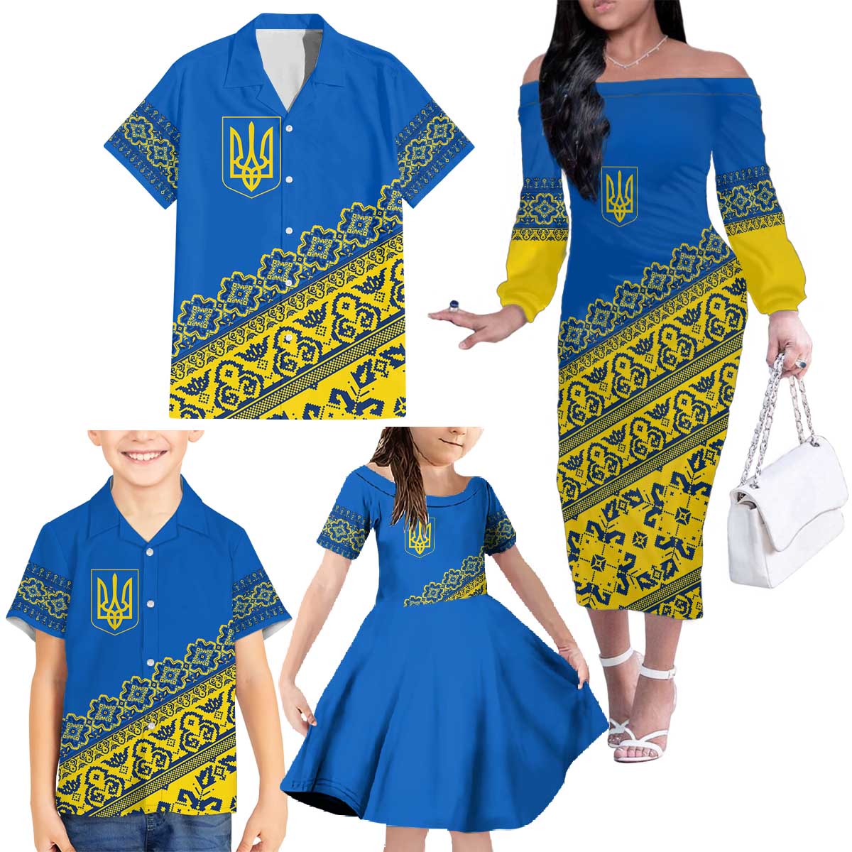 Ukraine Heritage Pride – Vyshyvanka Pattern Family Matching Off The Shoulder Long Sleeve Dress and Hawaiian Shirt with National Symbol in Blue & Yellow