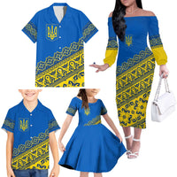 Ukraine Heritage Pride – Vyshyvanka Pattern Family Matching Off The Shoulder Long Sleeve Dress and Hawaiian Shirt with National Symbol in Blue & Yellow