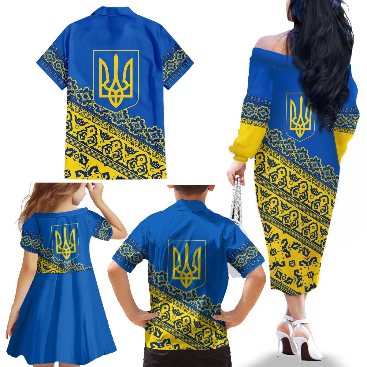 Ukraine Heritage Pride – Vyshyvanka Pattern Family Matching Off The Shoulder Long Sleeve Dress and Hawaiian Shirt with National Symbol in Blue & Yellow