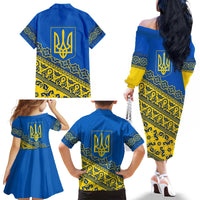 Ukraine Heritage Pride – Vyshyvanka Pattern Family Matching Off The Shoulder Long Sleeve Dress and Hawaiian Shirt with National Symbol in Blue & Yellow