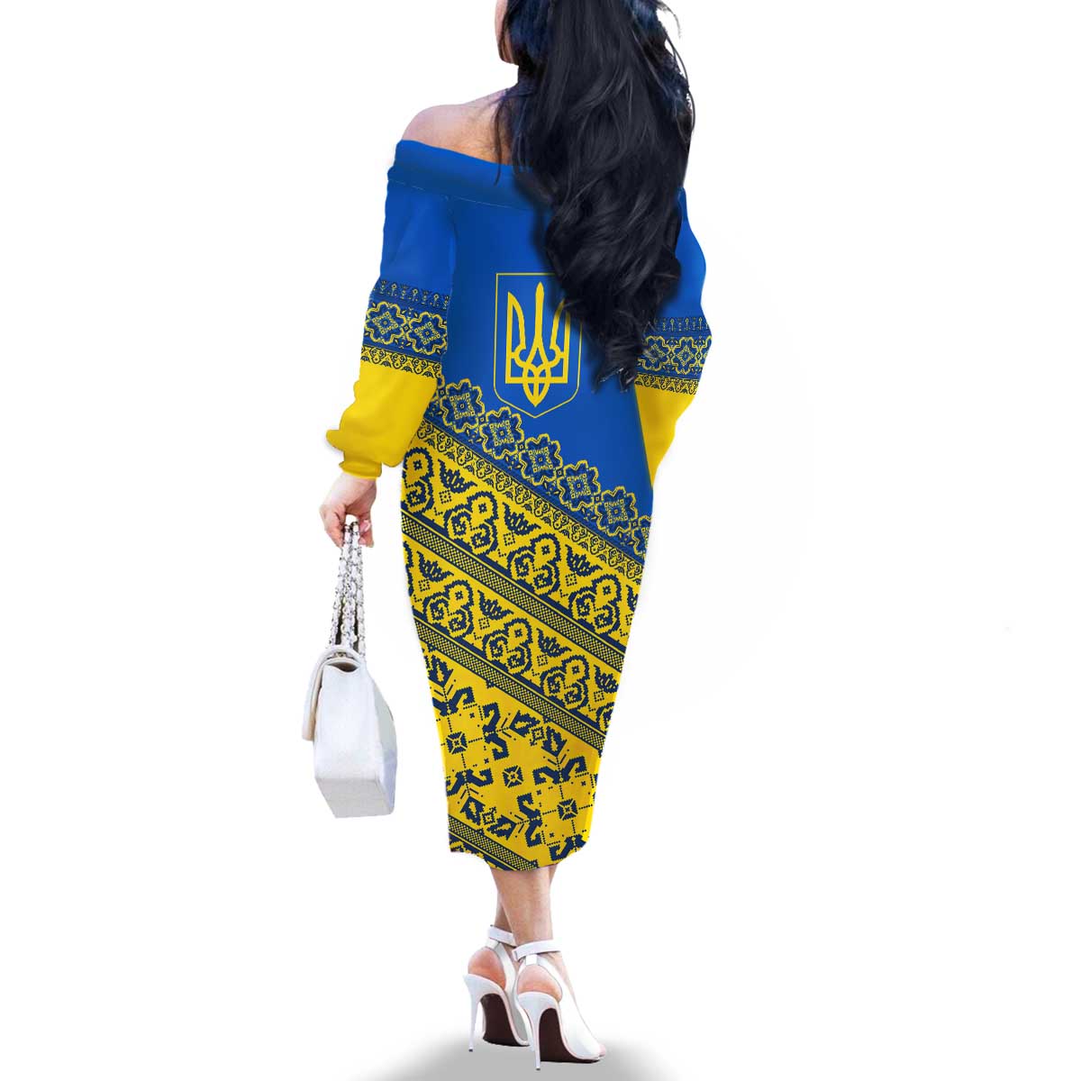 Ukraine Heritage Pride – Vyshyvanka Pattern Family Matching Off The Shoulder Long Sleeve Dress and Hawaiian Shirt with National Symbol in Blue & Yellow