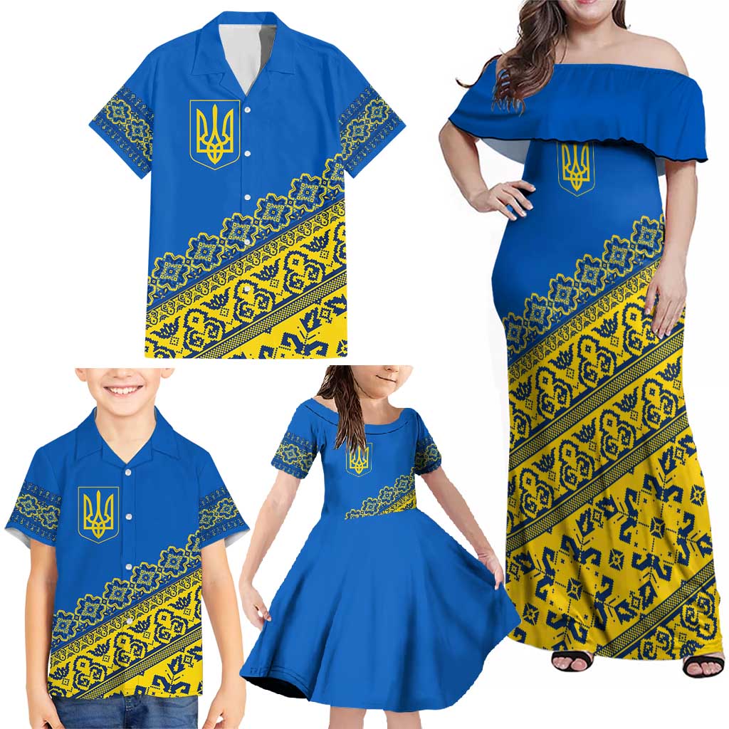 Ukraine Heritage Pride – Vyshyvanka Pattern Family Matching Off Shoulder Maxi Dress and Hawaiian Shirt with National Symbol in Blue & Yellow