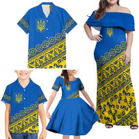 Ukraine Heritage Pride – Vyshyvanka Pattern Family Matching Off Shoulder Maxi Dress and Hawaiian Shirt with National Symbol in Blue & Yellow