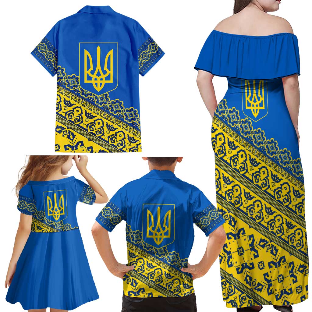 Ukraine Heritage Pride – Vyshyvanka Pattern Family Matching Off Shoulder Maxi Dress and Hawaiian Shirt with National Symbol in Blue & Yellow