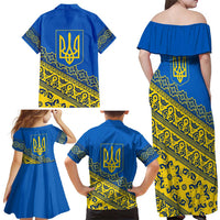 Ukraine Heritage Pride – Vyshyvanka Pattern Family Matching Off Shoulder Maxi Dress and Hawaiian Shirt with National Symbol in Blue & Yellow