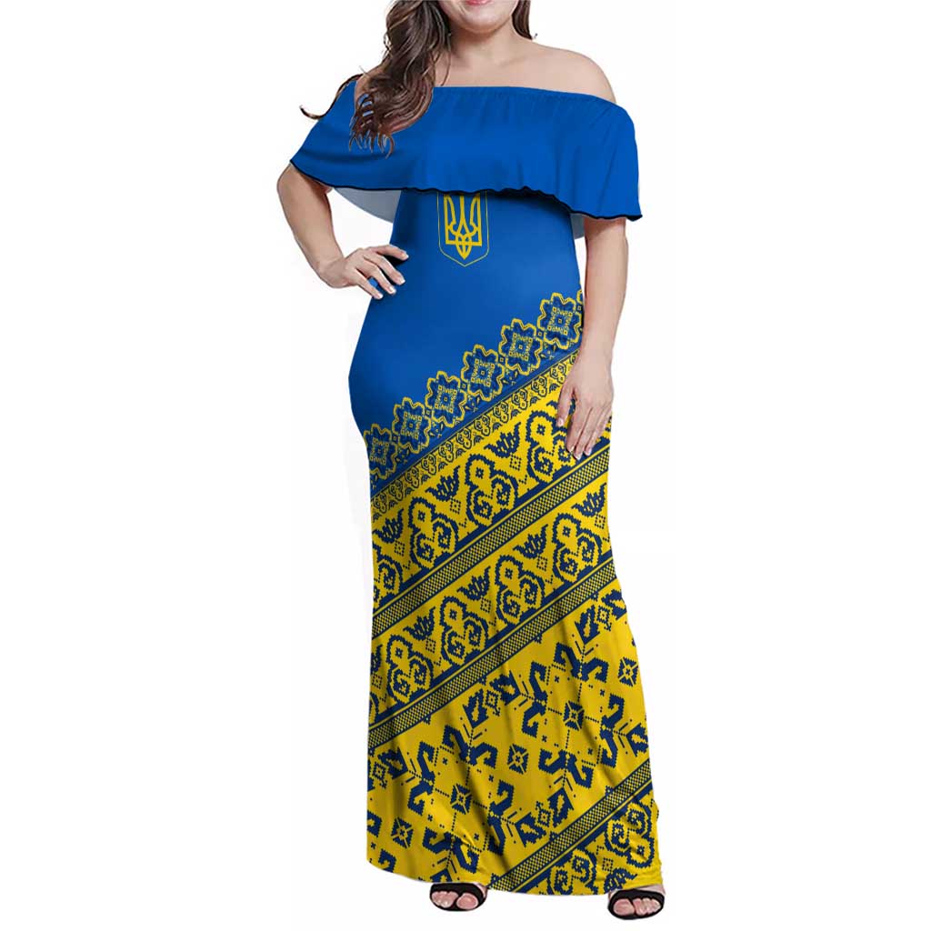Ukraine Heritage Pride – Vyshyvanka Pattern Family Matching Off Shoulder Maxi Dress and Hawaiian Shirt with National Symbol in Blue & Yellow