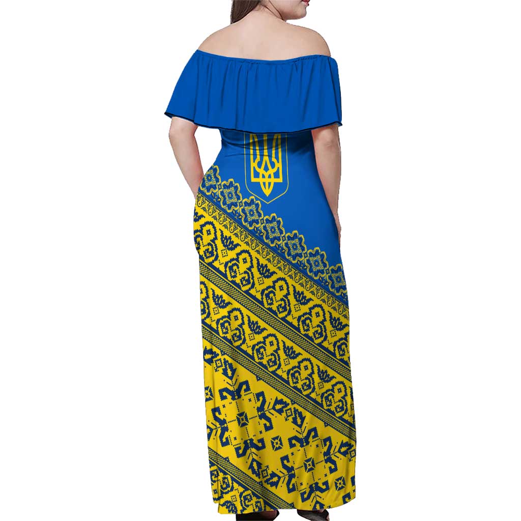 Ukraine Heritage Pride – Vyshyvanka Pattern Family Matching Off Shoulder Maxi Dress and Hawaiian Shirt with National Symbol in Blue & Yellow