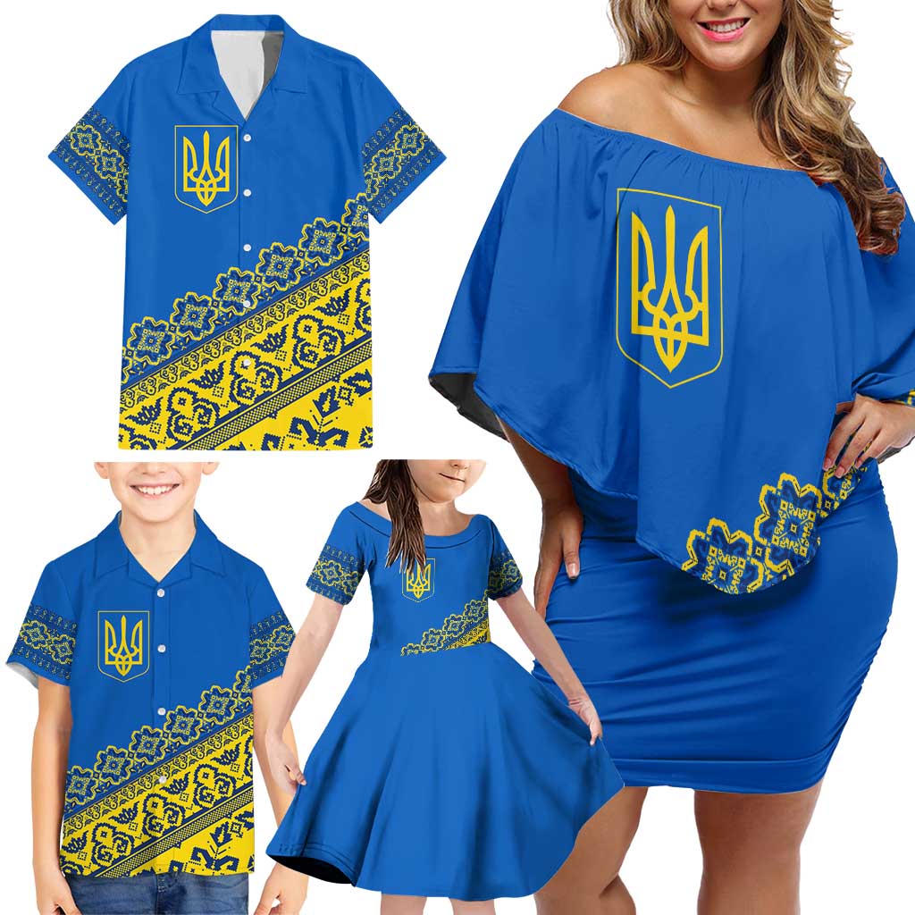 Ukraine Heritage Pride – Vyshyvanka Pattern Family Matching Off Shoulder Short Dress and Hawaiian Shirt with National Symbol in Blue & Yellow