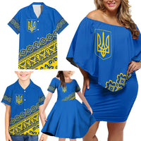 Ukraine Heritage Pride – Vyshyvanka Pattern Family Matching Off Shoulder Short Dress and Hawaiian Shirt with National Symbol in Blue & Yellow