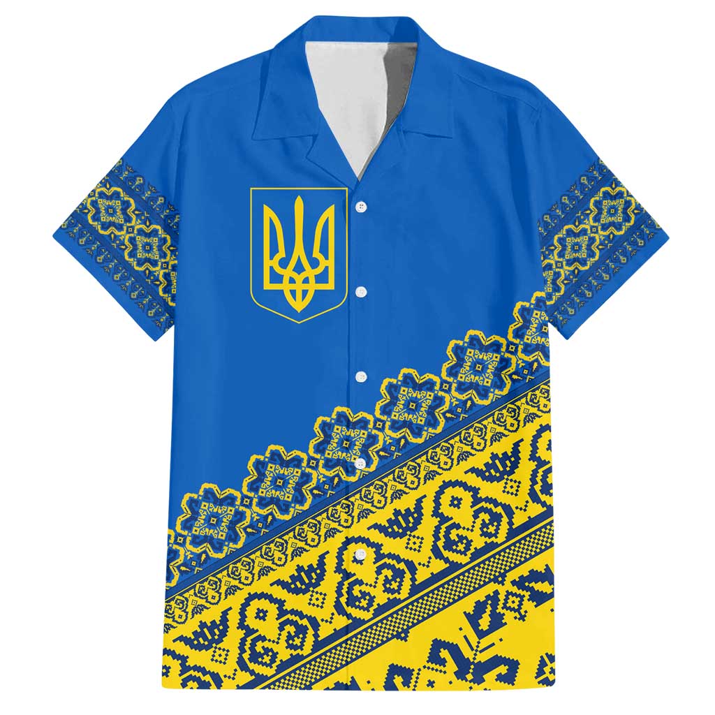 Ukraine Heritage Pride – Vyshyvanka Pattern Family Matching Off Shoulder Short Dress and Hawaiian Shirt with National Symbol in Blue & Yellow