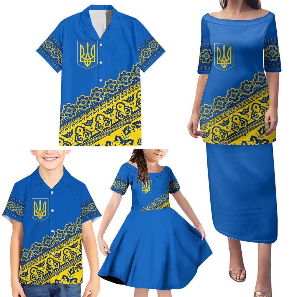 Ukraine Heritage Pride – Vyshyvanka Pattern Family Matching Puletasi and Hawaiian Shirt with National Symbol in Blue & Yellow