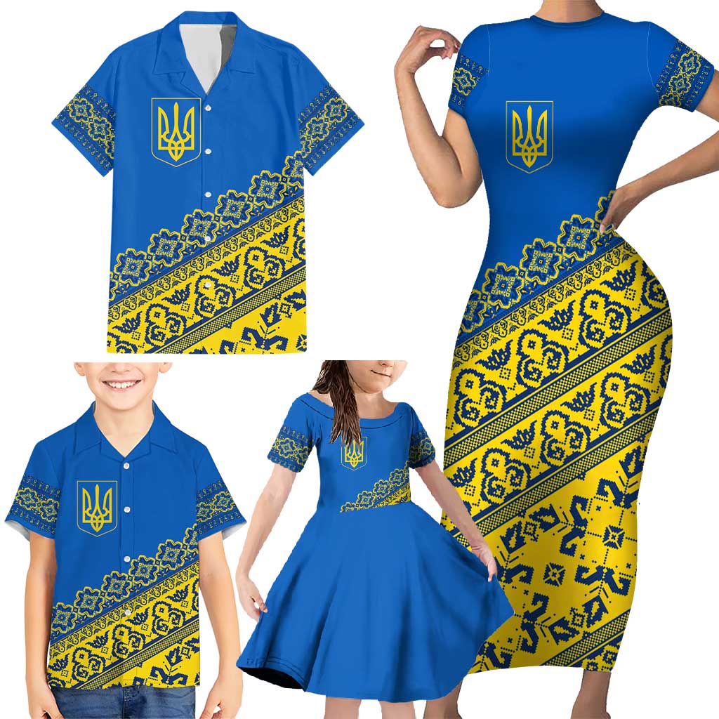 Ukraine Heritage Pride – Vyshyvanka Pattern Family Matching Short Sleeve Bodycon Dress and Hawaiian Shirt with National Symbol in Blue & Yellow