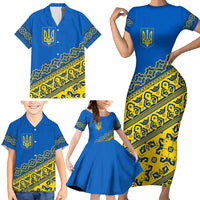 Ukraine Heritage Pride – Vyshyvanka Pattern Family Matching Short Sleeve Bodycon Dress and Hawaiian Shirt with National Symbol in Blue & Yellow
