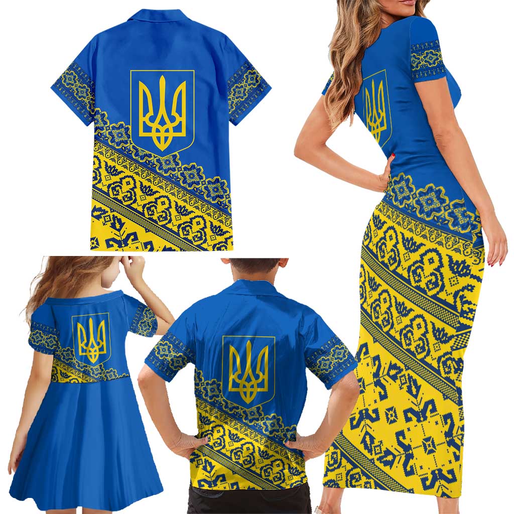 Ukraine Heritage Pride – Vyshyvanka Pattern Family Matching Short Sleeve Bodycon Dress and Hawaiian Shirt with National Symbol in Blue & Yellow