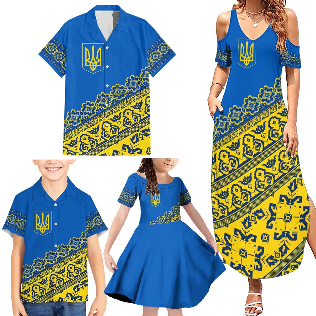 Ukraine Heritage Pride – Vyshyvanka Pattern Family Matching Summer Maxi Dress and Hawaiian Shirt with National Symbol in Blue & Yellow