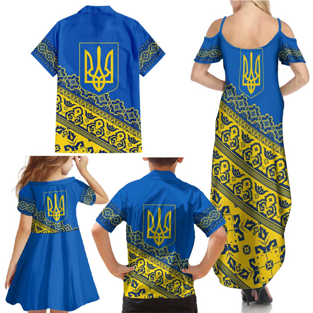 Ukraine Heritage Pride – Vyshyvanka Pattern Family Matching Summer Maxi Dress and Hawaiian Shirt with National Symbol in Blue & Yellow