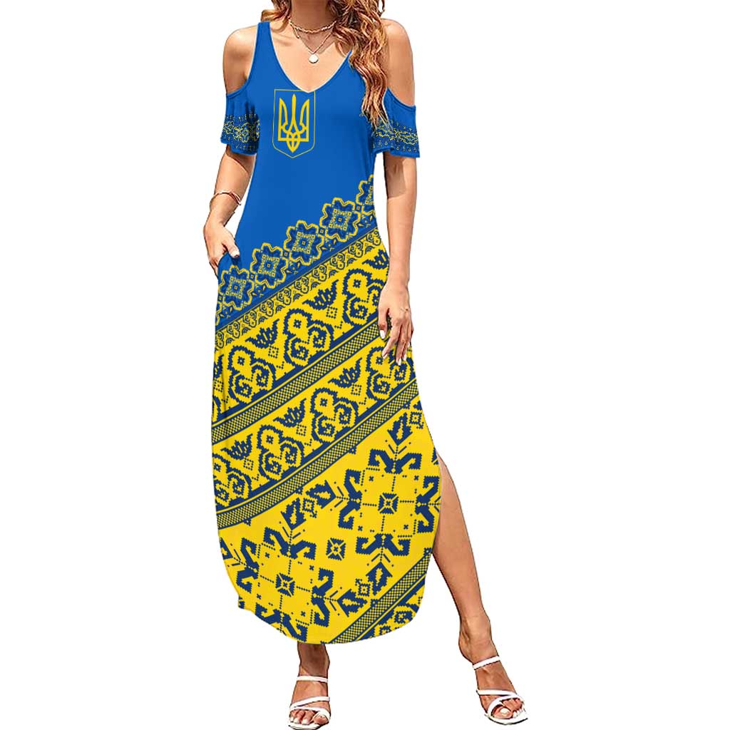 Ukraine Heritage Pride – Vyshyvanka Pattern Family Matching Summer Maxi Dress and Hawaiian Shirt with National Symbol in Blue & Yellow
