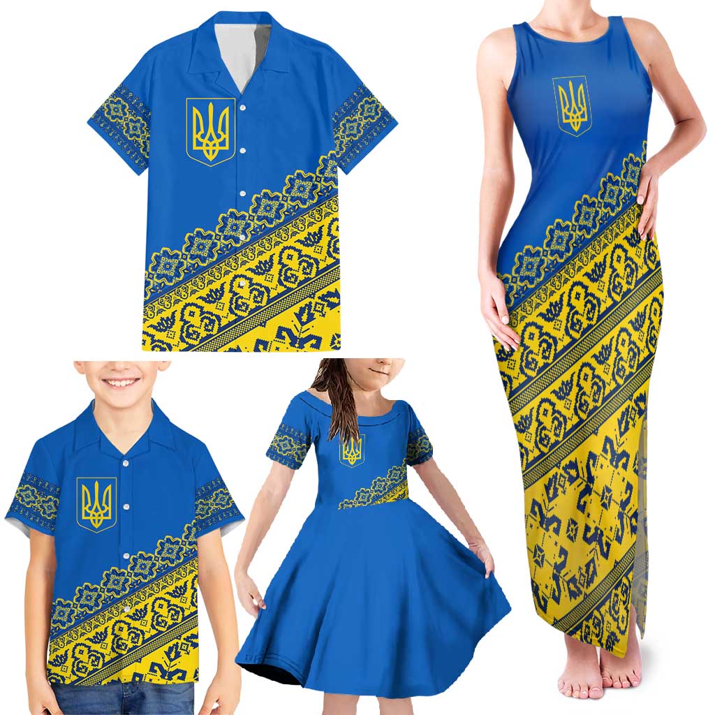 Ukraine Heritage Pride – Vyshyvanka Pattern Family Matching Tank Maxi Dress and Hawaiian Shirt with National Symbol in Blue & Yellow