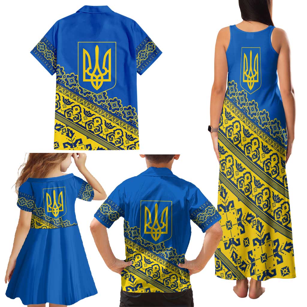 Ukraine Heritage Pride – Vyshyvanka Pattern Family Matching Tank Maxi Dress and Hawaiian Shirt with National Symbol in Blue & Yellow