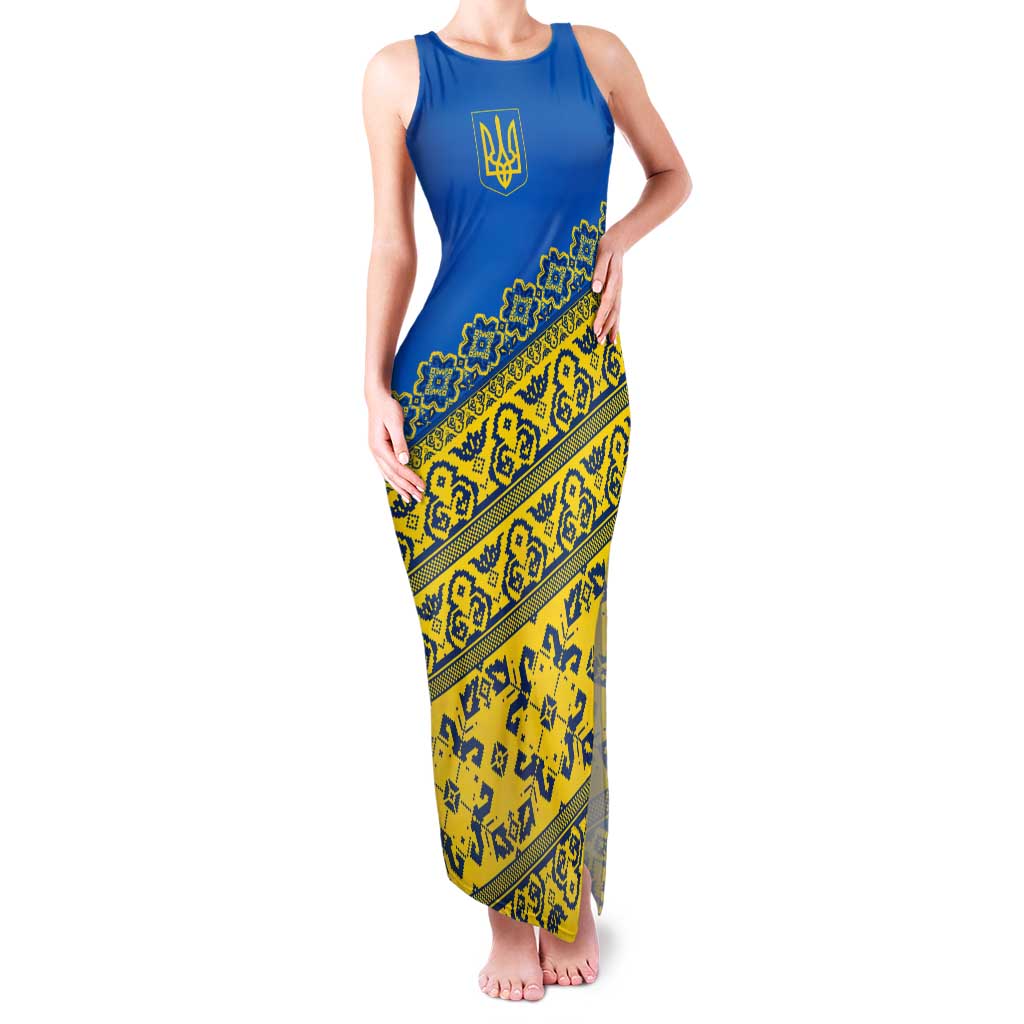 Ukraine Heritage Pride – Vyshyvanka Pattern Family Matching Tank Maxi Dress and Hawaiian Shirt with National Symbol in Blue & Yellow