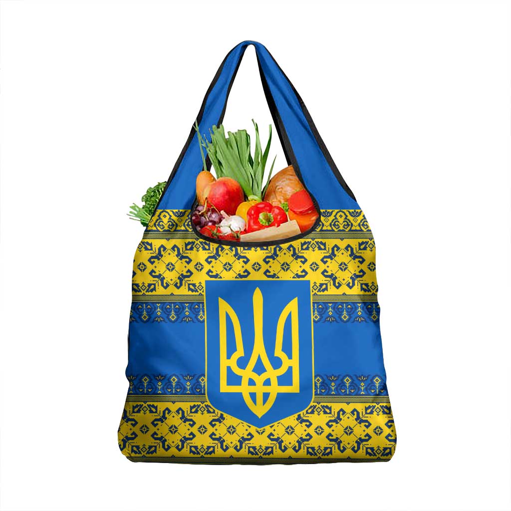 Ukraine Heritage Pride – Vyshyvanka Pattern Grocery Bag with National Symbol in Blue & Yellow