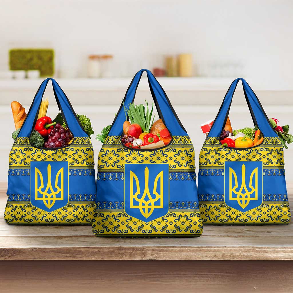 Ukraine Heritage Pride – Vyshyvanka Pattern Grocery Bag with National Symbol in Blue & Yellow