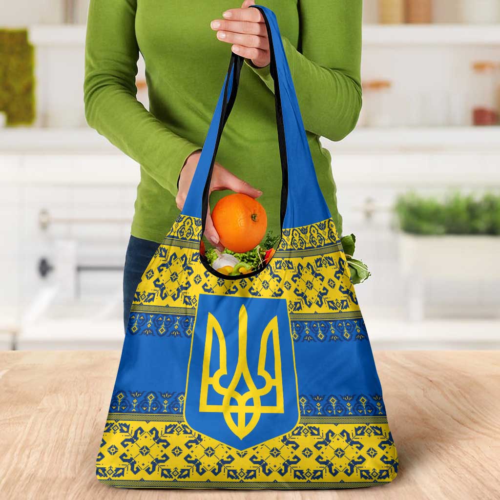 Ukraine Heritage Pride – Vyshyvanka Pattern Grocery Bag with National Symbol in Blue & Yellow