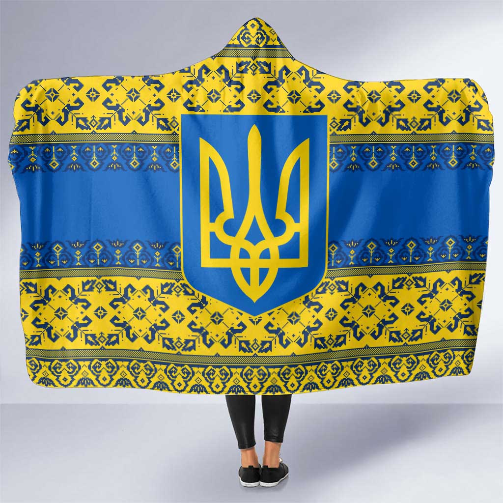 Ukraine Heritage Pride – Vyshyvanka Pattern Hooded Blanket with National Symbol in Blue & Yellow