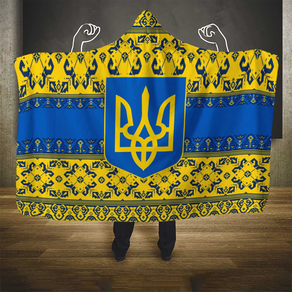 Ukraine Heritage Pride – Vyshyvanka Pattern Hooded Blanket with National Symbol in Blue & Yellow