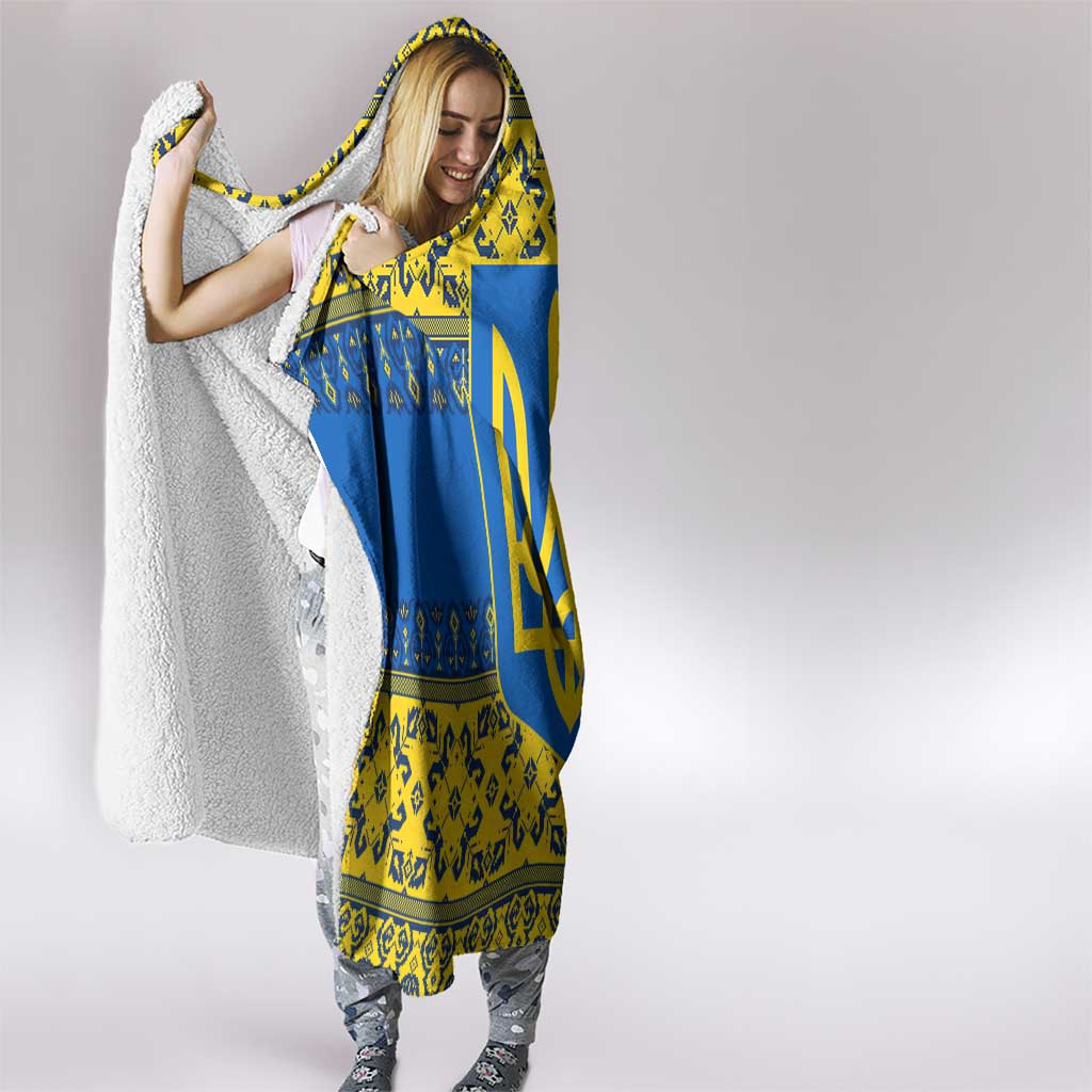Ukraine Heritage Pride – Vyshyvanka Pattern Hooded Blanket with National Symbol in Blue & Yellow