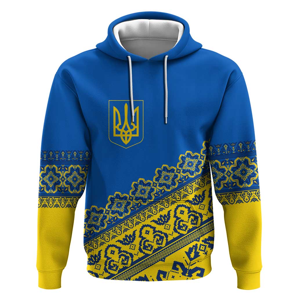 Ukraine Heritage Pride – Vyshyvanka Pattern Hoodie with National Symbol in Blue & Yellow