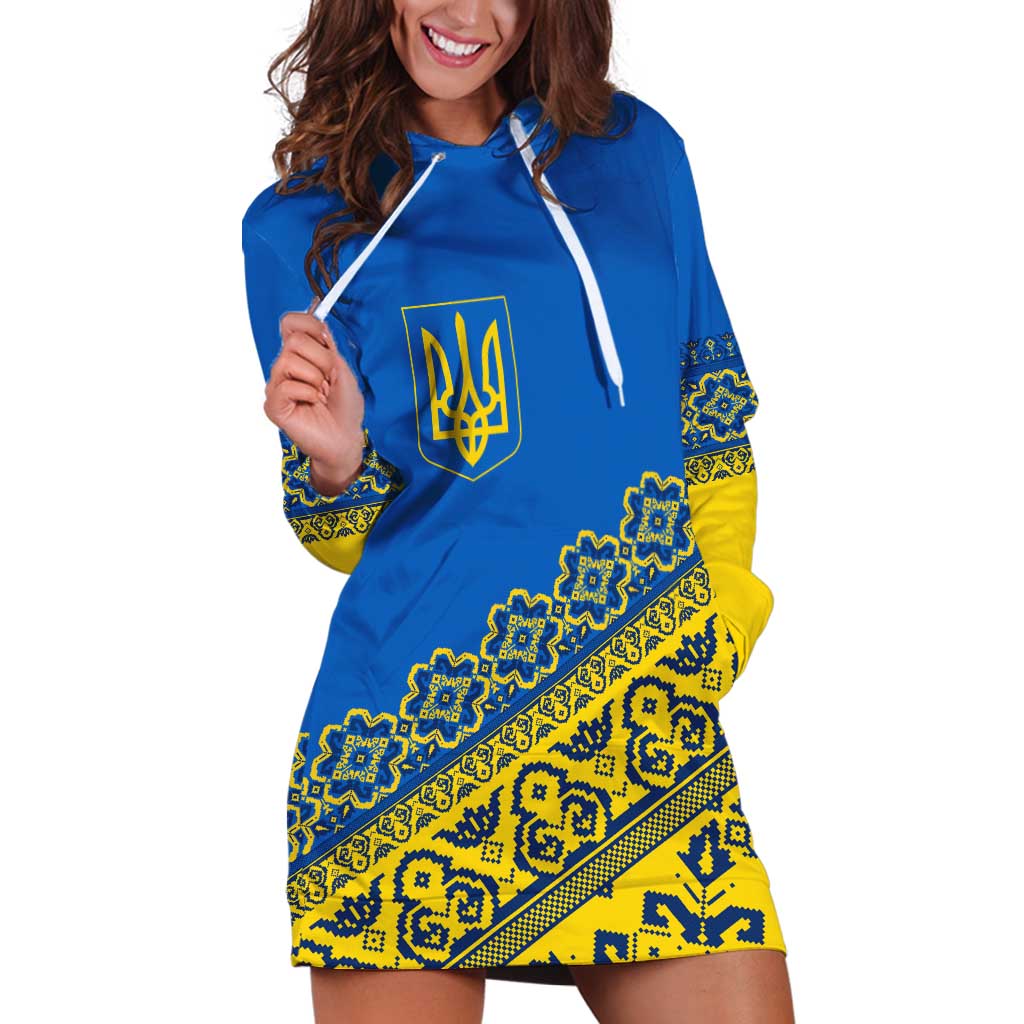 Ukraine Heritage Pride – Vyshyvanka Pattern Hoodie Dress with National Symbol in Blue & Yellow