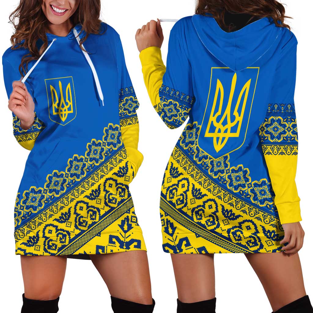 Ukraine Heritage Pride – Vyshyvanka Pattern Hoodie Dress with National Symbol in Blue & Yellow