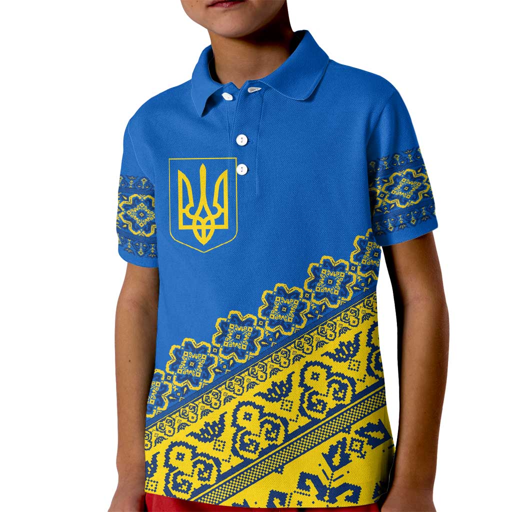 Ukraine Heritage Pride – Vyshyvanka Pattern Kid Polo Shirt with National Symbol in Blue & Yellow