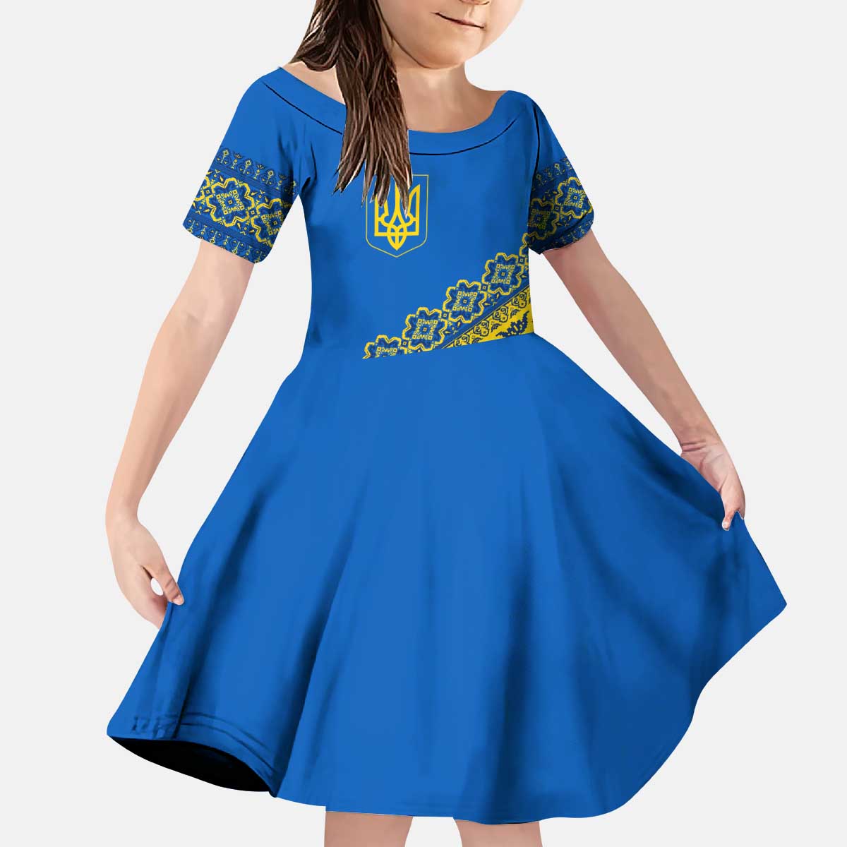Ukraine Heritage Pride – Vyshyvanka Pattern Kid Short Sleeve Dress with National Symbol in Blue & Yellow