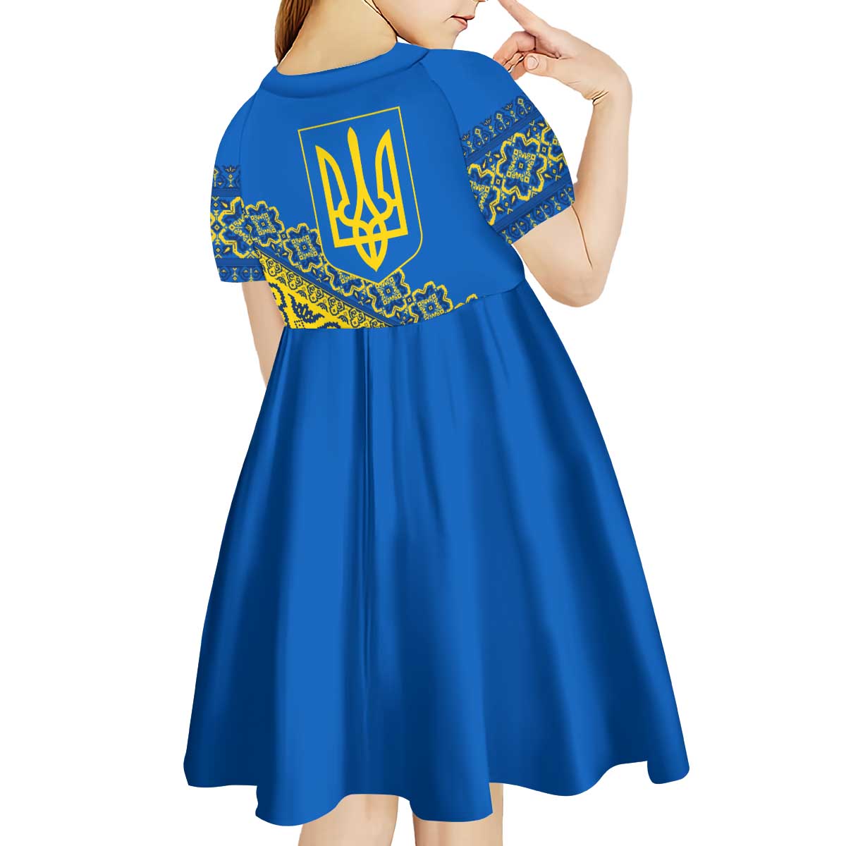 Ukraine Heritage Pride – Vyshyvanka Pattern Kid Short Sleeve Dress with National Symbol in Blue & Yellow