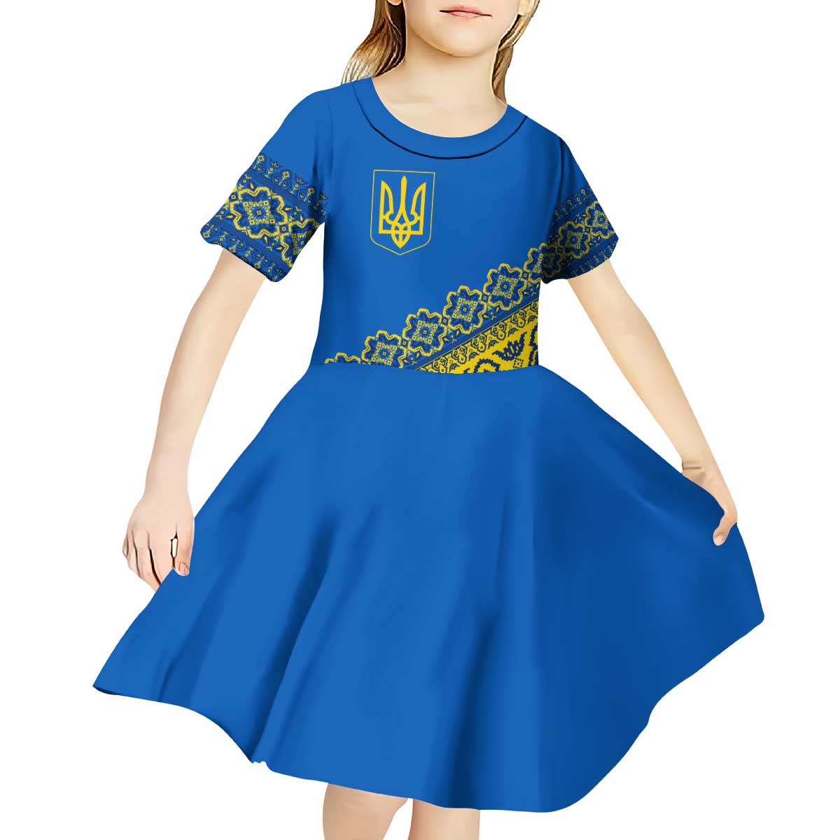 Ukraine Heritage Pride – Vyshyvanka Pattern Kid Short Sleeve Dress with National Symbol in Blue & Yellow