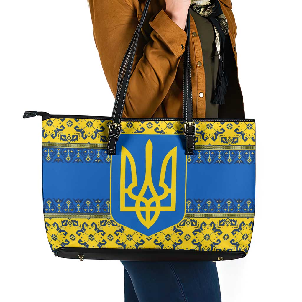 Ukraine Heritage Pride – Vyshyvanka Pattern Leather Tote Bag with National Symbol in Blue & Yellow
