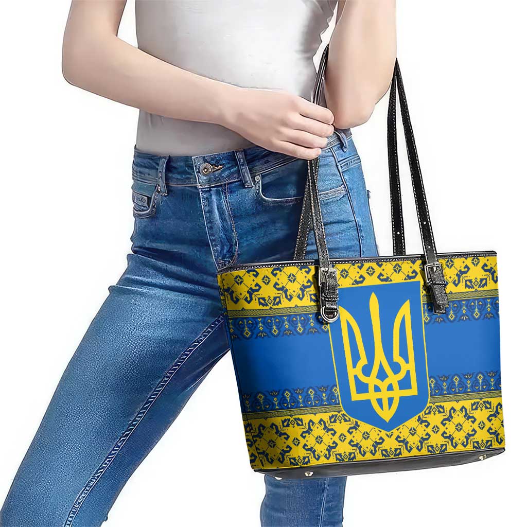 Ukraine Heritage Pride – Vyshyvanka Pattern Leather Tote Bag with National Symbol in Blue & Yellow