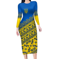 Ukraine Heritage Pride – Vyshyvanka Pattern Long Sleeve Bodycon Dress with National Symbol in Blue & Yellow