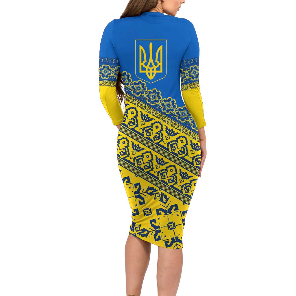 Ukraine Heritage Pride – Vyshyvanka Pattern Long Sleeve Bodycon Dress with National Symbol in Blue & Yellow