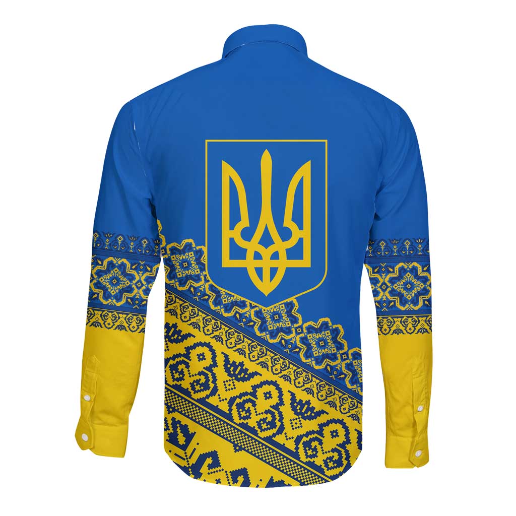 Ukraine Heritage Pride – Vyshyvanka Pattern Long Sleeve Button Shirt with National Symbol in Blue & Yellow